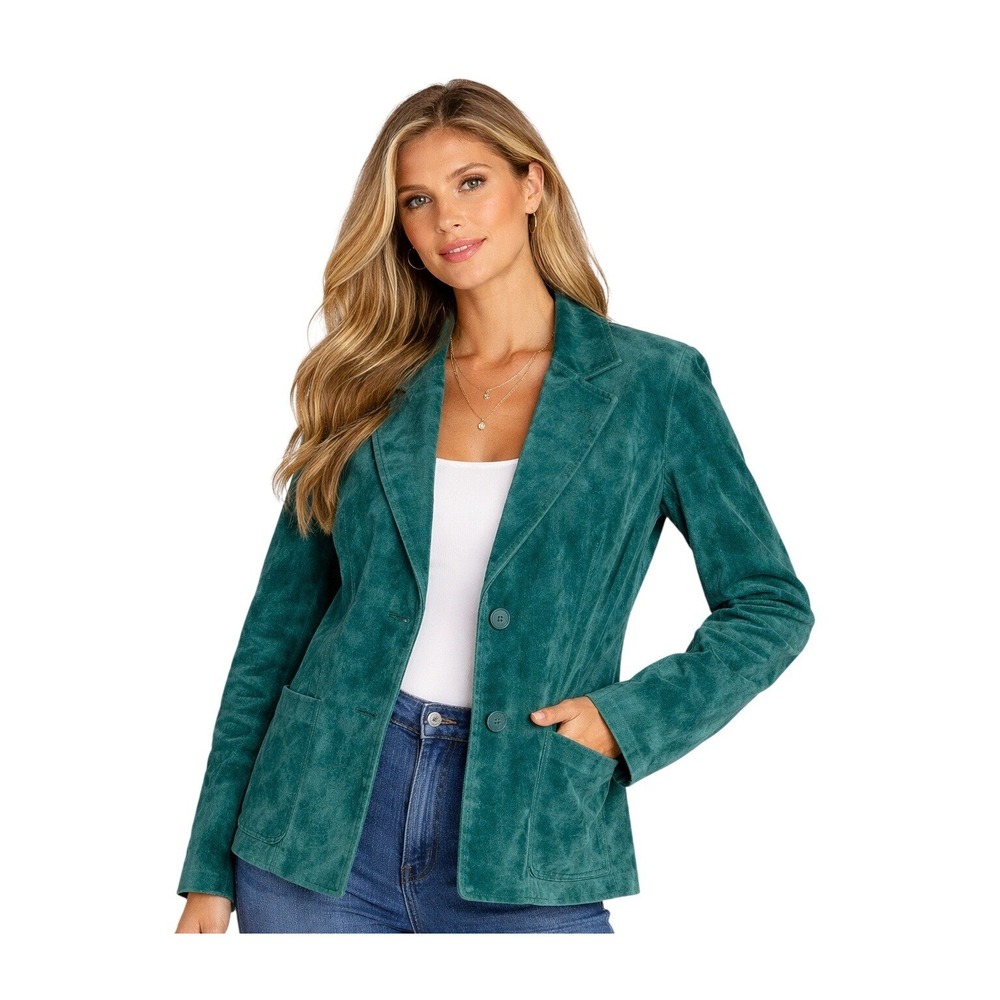 By Bernardo Suede Leather Blazer Womens M Teal Green Button Front Jacket 90s‎